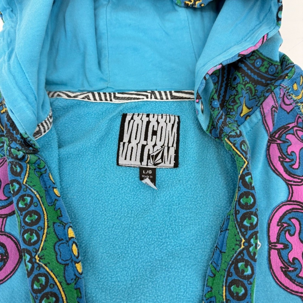 Vintage Y2K Volcom Full Zip Hoodie Paisley Turquoise Pink Large Grunge Skater - Picture 10 of 11